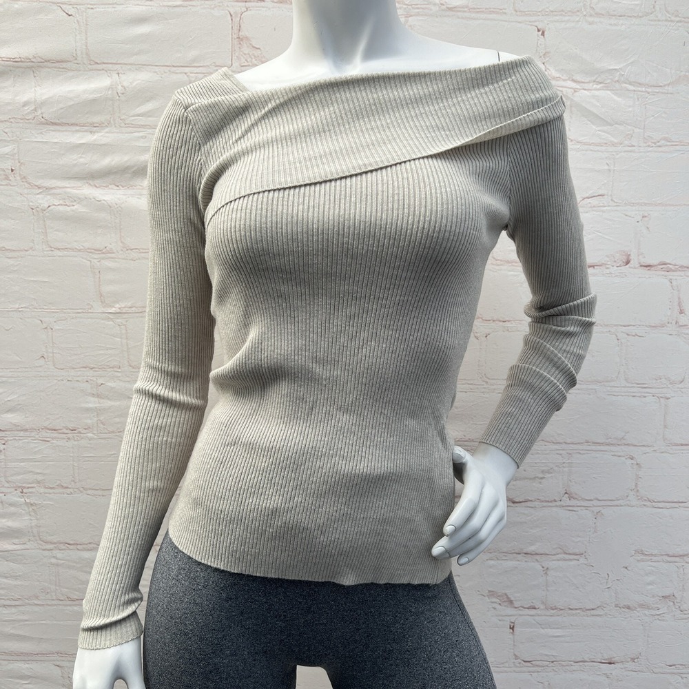 Women Off Shoulder Tops Long Sleeve Ribbed Knitted Pullover Sweater S